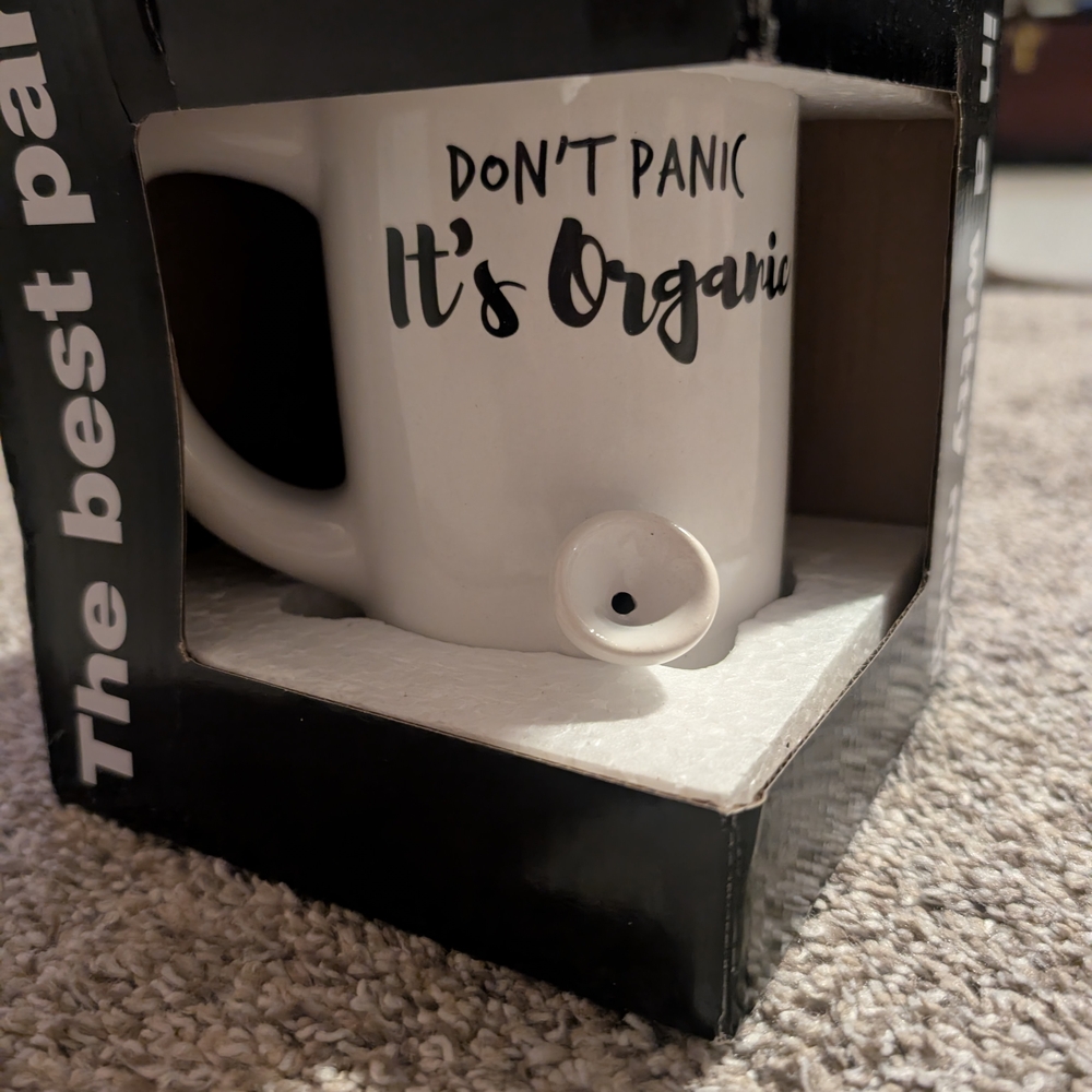 New! White Wake And Bake Quotes Mug White with 'Don't Panic It's Organic' Text